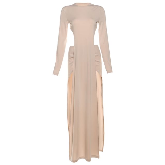 Set: Long-Sleeve Round Neck Plain Slit Maxi Dress + Maxi Skirt