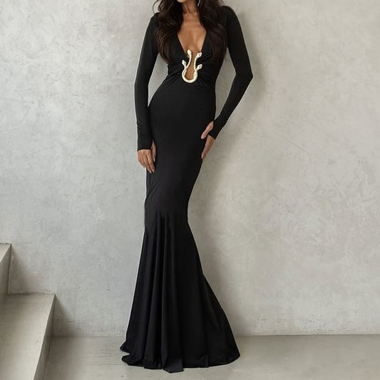 Long Sleeve V-Neck Plain Maxi Sheath Dress