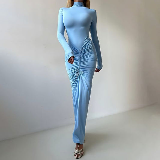 Long-Sleeve Mock Neck Plain Ruched Maxi Bodycon Dress
