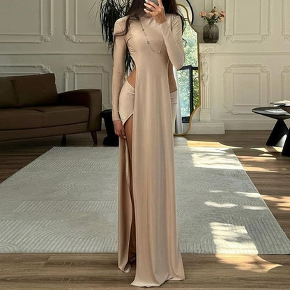 Set: Long-Sleeve Round Neck Plain Slit Maxi Dress + Maxi Skirt