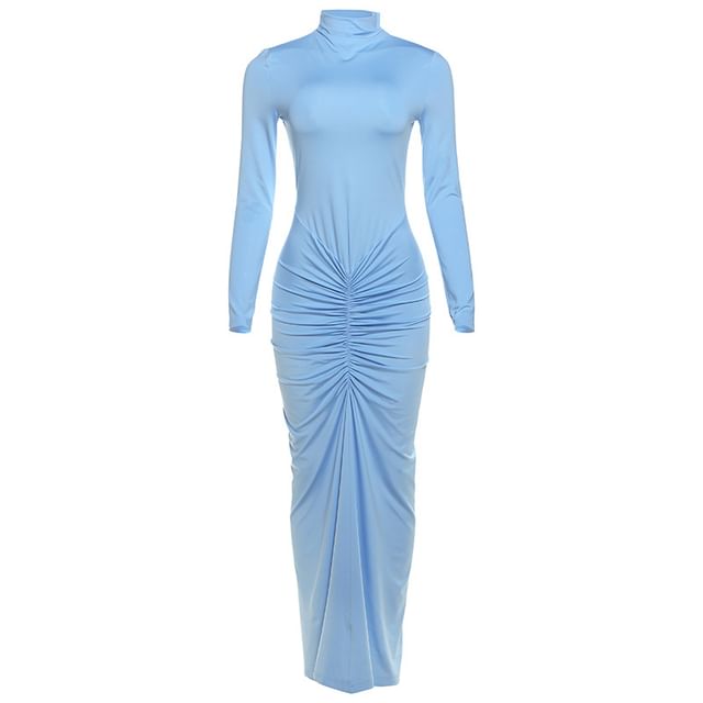 Long-Sleeve Mock Neck Plain Ruched Maxi Bodycon Dress