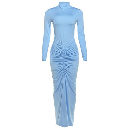 Long-Sleeve Mock Neck Plain Ruched Maxi Bodycon Dress