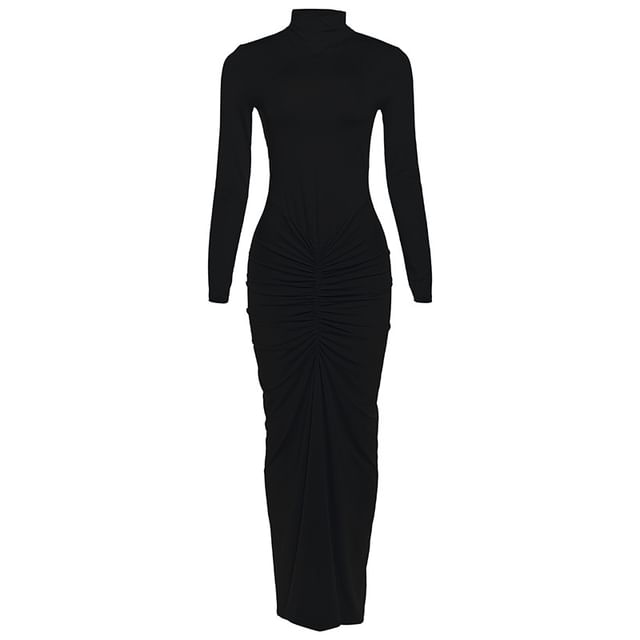 Long-Sleeve Mock Neck Plain Ruched Maxi Bodycon Dress