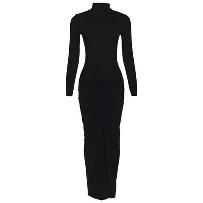 Long-Sleeve Mock Neck Plain Ruched Maxi Bodycon Dress