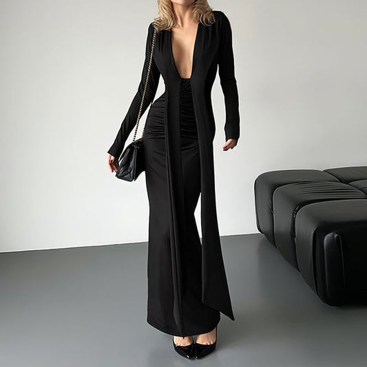 Long-Sleeve V-Neck Plain Ruched Maxi Sheath Dress