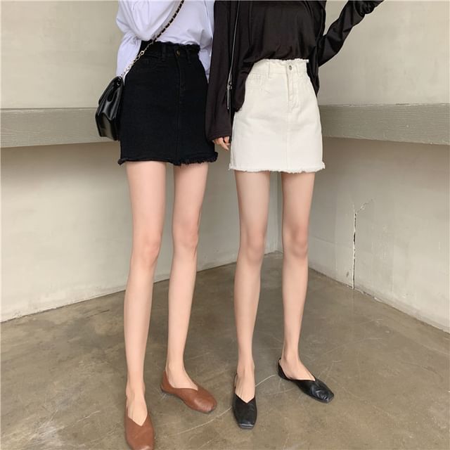 High Rise Frayed Denim Mini Pencil Skirt