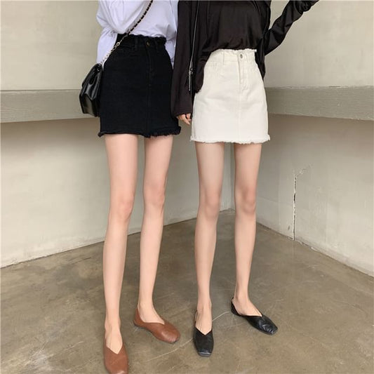 High Rise Frayed Denim Mini Pencil Skirt