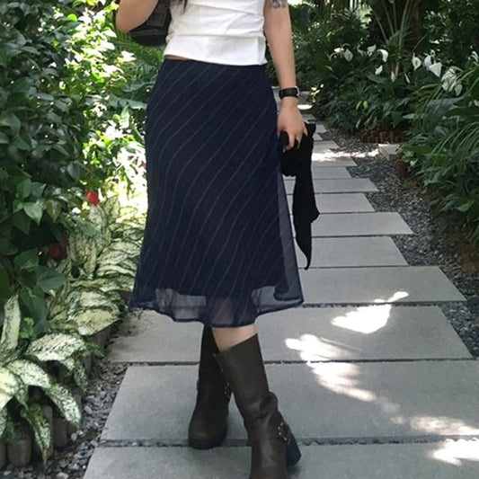 Striped Mesh Midi A-Line Skirt - Mid Waist