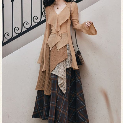 V-Neck Ruffle Top & Plaid A-Line Maxi Skirt Set