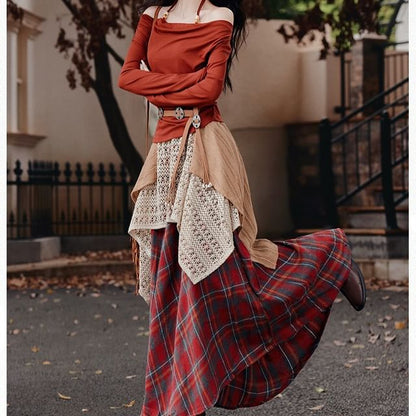 Halter Neck Top, Belt & Plaid A-Line Maxi Skirt Set