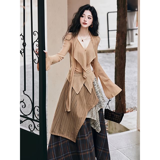 V-Neck Ruffle Top & Plaid A-Line Maxi Skirt Set