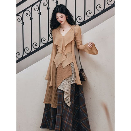 V-Neck Ruffle Top & Plaid A-Line Maxi Skirt Set