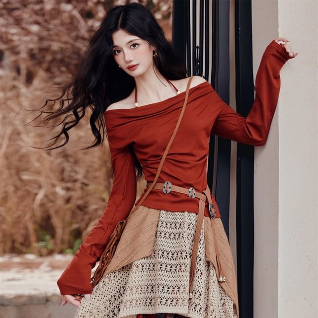 Halter Neck Top, Belt & Plaid A-Line Maxi Skirt Set