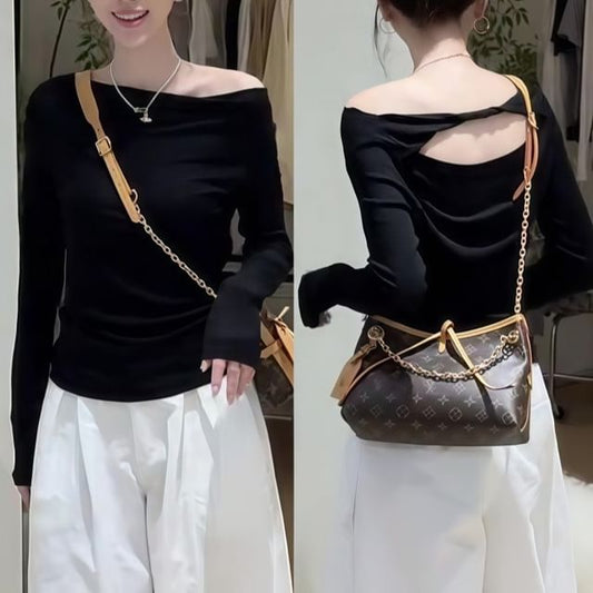 Long-Sleeve Off-Shoulder T-Shirt with Plain Cutout Back Design