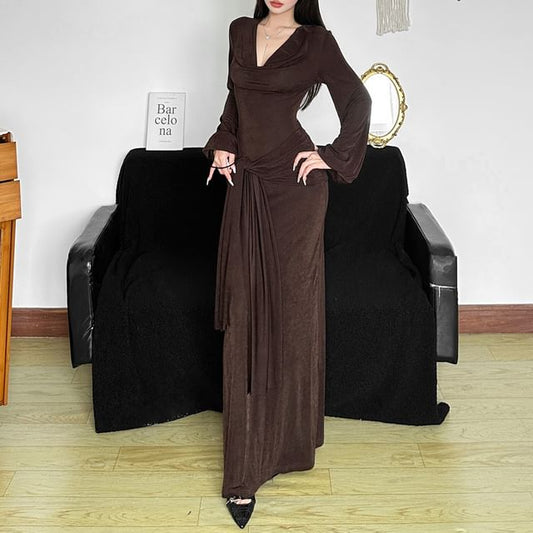 Puff Sleeve V-Neck Plain Tie-Waist Maxi Dress