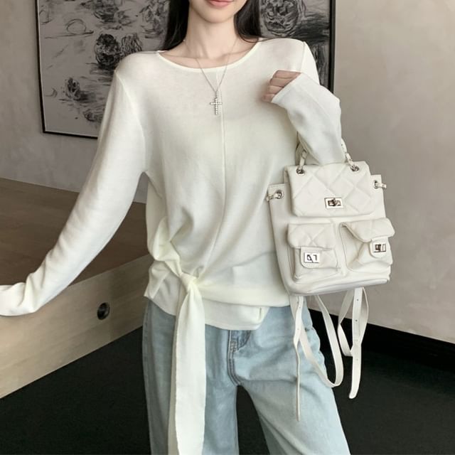 Crew Neck Knit Top with Long Sleeves and Tie Waist Detail