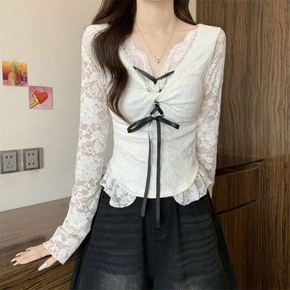Slim-Fit Top with V-Neck, Long Sleeves, Bow Accent, and Twisted Lace Detail
