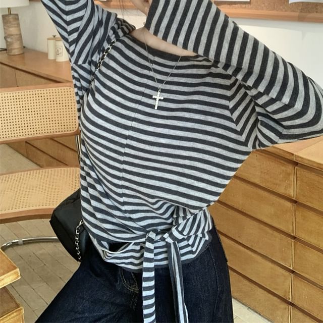 Crew Neck Knit Top with Long Sleeves and Tie Waist Detail