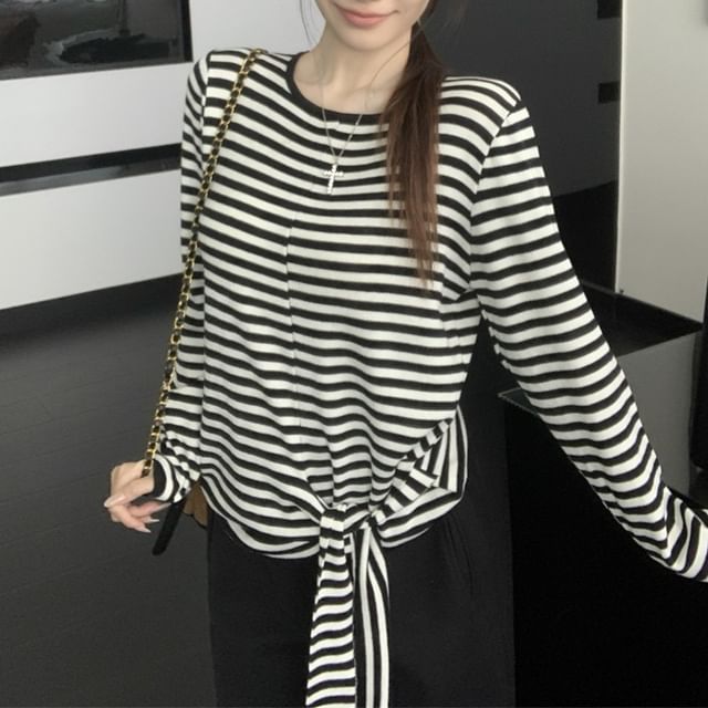 Crew Neck Knit Top with Long Sleeves and Tie Waist Detail