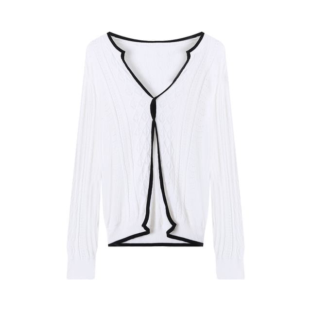 Long Sleeve V-Neck Knit Top with Contrast Trim and Slit Pointelle, Paired with Mid-Rise Lace Shorts