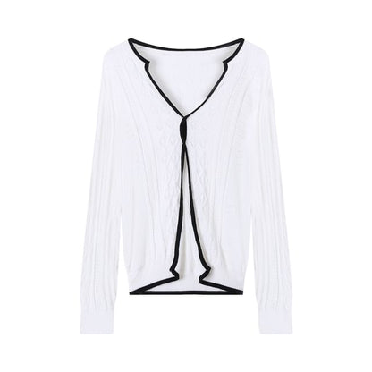 Long Sleeve V-Neck Knit Top with Contrast Trim and Slit Pointelle, Paired with Mid-Rise Lace Shorts
