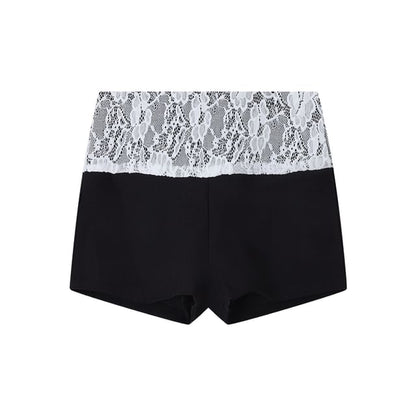 Long Sleeve V-Neck Knit Top with Contrast Trim and Slit Pointelle, Paired with Mid-Rise Lace Shorts