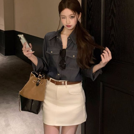 Denim Long Sleeve Shirt & Mini Skirt