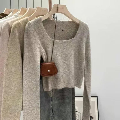 Solid Square-Neck Knit Pullover Sweater