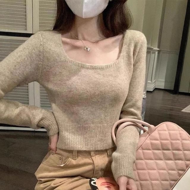 Solid Square-Neck Knit Pullover Sweater