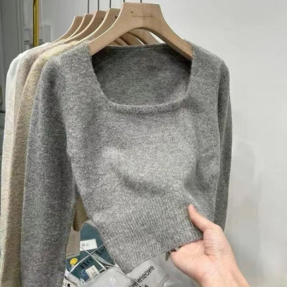 Solid Square-Neck Knit Pullover Sweater