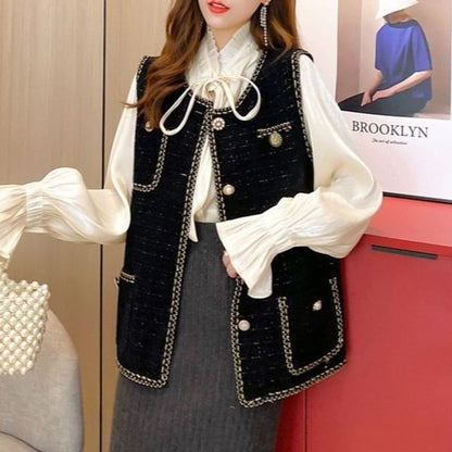 Tweed Round-Neck Vest with Faux Pearl Buttons