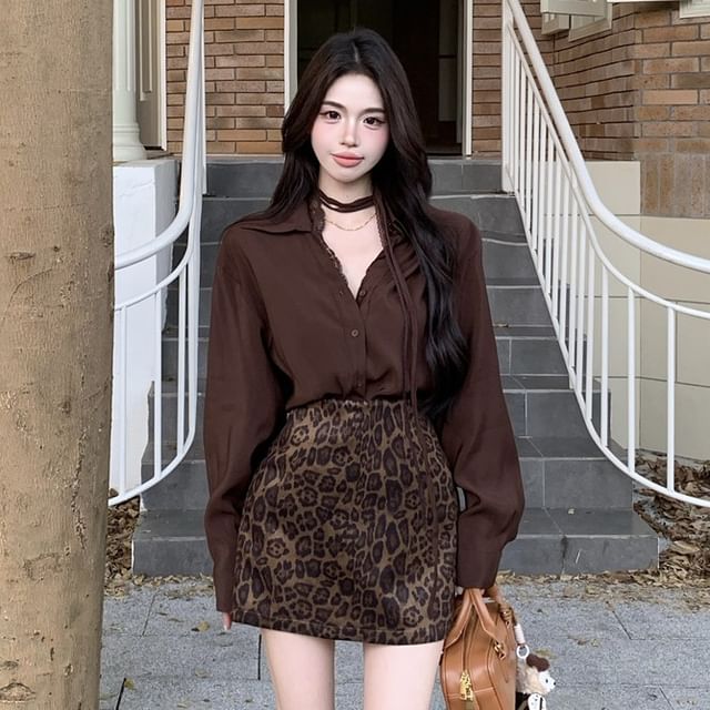 Puff Sleeve Choker Neck Button-Up Top & Leopard Mini Skirt