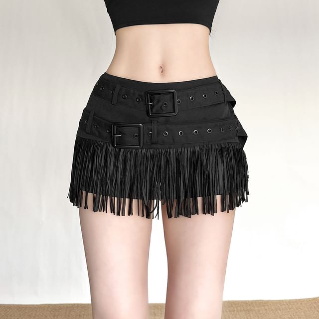 Mid Rise Belted Fringe Mini Pencil Skirt