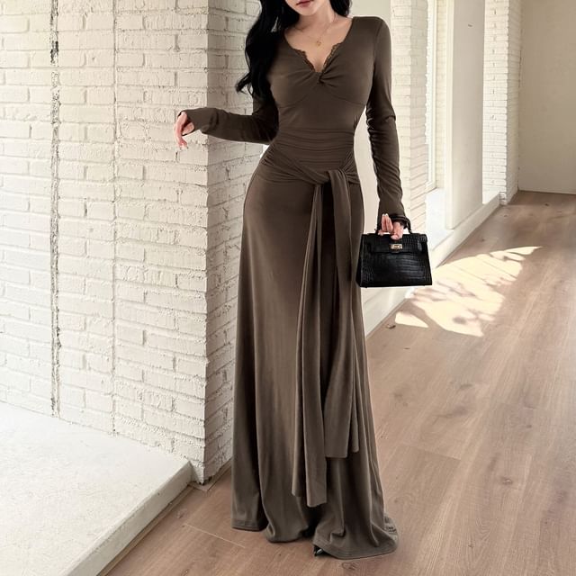 Long-Sleeve V-Neck Plain Knot Lace Trim Maxi Sheath Dress