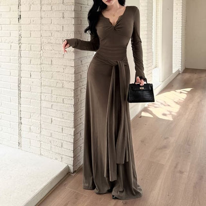 Long-Sleeve V-Neck Plain Knot Lace Trim Maxi Sheath Dress