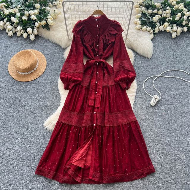 Long Sleeve Stand Collar Plain Tiered Button Panel Lace Maxi A-Line Dress