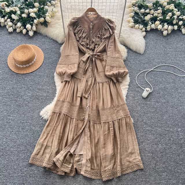 Long Sleeve Stand Collar Plain Tiered Button Panel Lace Maxi A-Line Dress