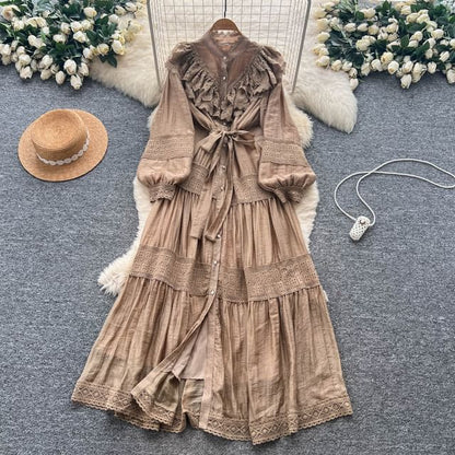 Long Sleeve Stand Collar Plain Tiered Button Panel Lace Maxi A-Line Dress