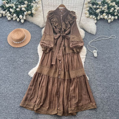 Long Sleeve Stand Collar Plain Tiered Button Panel Lace Maxi A-Line Dress
