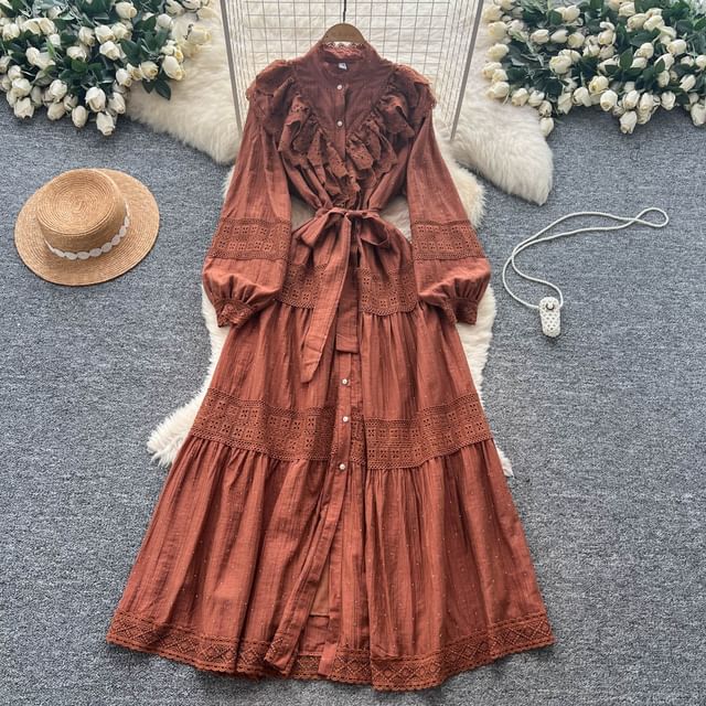 Long Sleeve Stand Collar Plain Tiered Button Panel Lace Maxi A-Line Dress