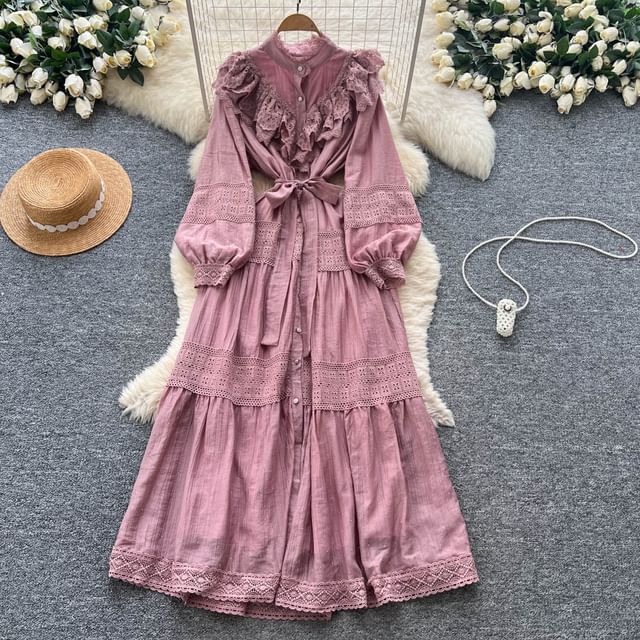 Long Sleeve Stand Collar Plain Tiered Button Panel Lace Maxi A-Line Dress