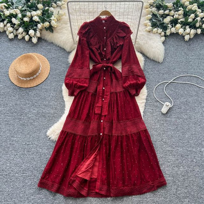Long Sleeve Stand Collar Plain Tiered Button Panel Lace Maxi A-Line Dress