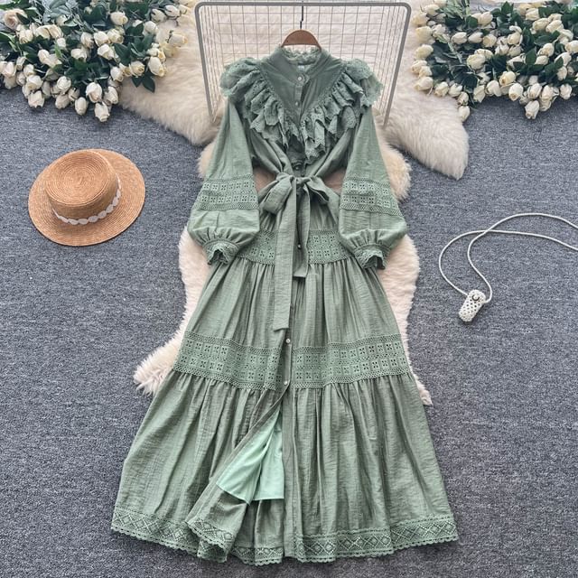 Long Sleeve Stand Collar Plain Tiered Button Panel Lace Maxi A-Line Dress