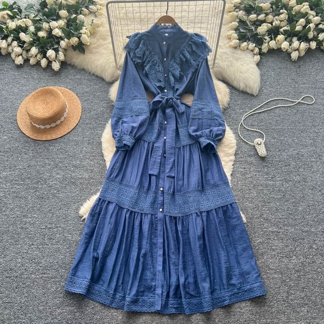Long Sleeve Stand Collar Plain Tiered Button Panel Lace Maxi A-Line Dress