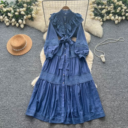 Long Sleeve Stand Collar Plain Tiered Button Panel Lace Maxi A-Line Dress