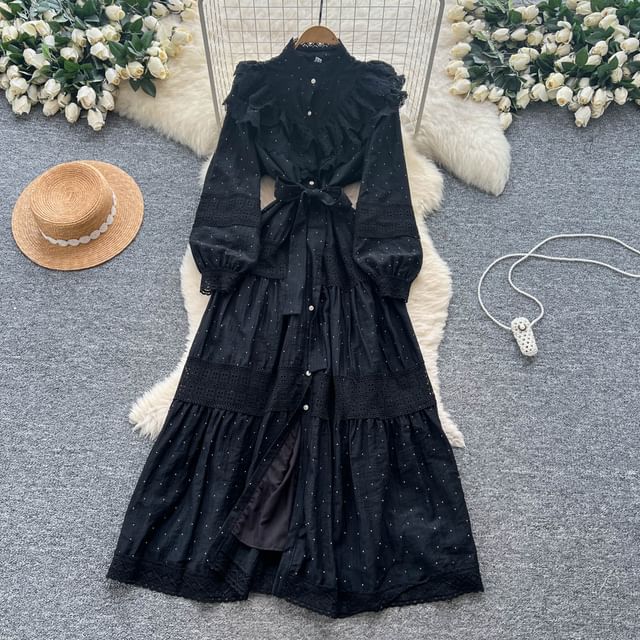 Long Sleeve Stand Collar Plain Tiered Button Panel Lace Maxi A-Line Dress