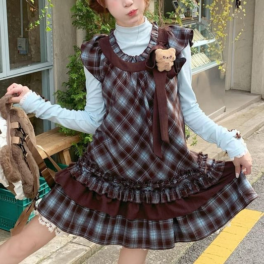 Plaid Cap-Sleeve A-Line Dress and Solid Long-Sleeve Top