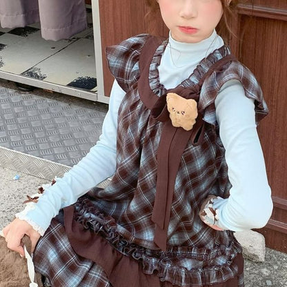 Plaid Cap-Sleeve A-Line Dress and Solid Long-Sleeve Top