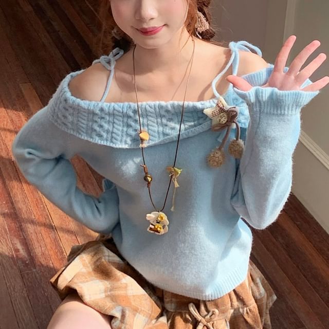Off-Shoulder Solid Knit Top and Plaid Mini A-Line Skirt