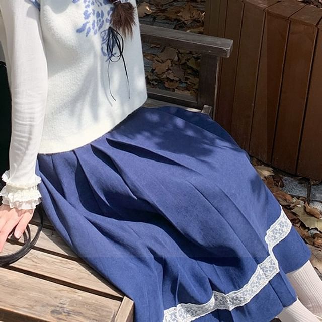 Round-Neck Lace-Trim Knit Top and High-Rise Lace Maxi Skirt